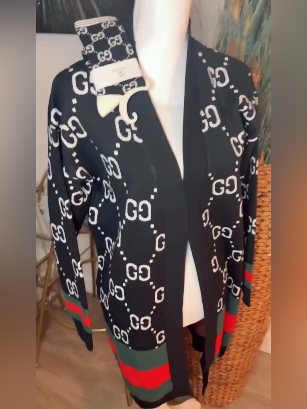 Source Unknown Black & White Logo Open-Front Cardigan with Green-Red Stripe